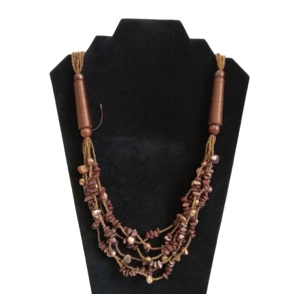 Shades of Brown Plastic & Seed Beaded Multiple Strand Layered Statement Necklace - Picture 1 of 12